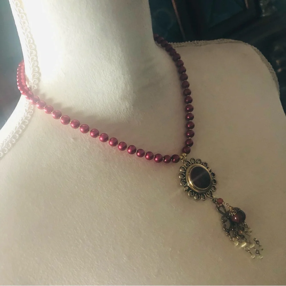 Handcrafted repurpose enamel sunburst chandelier Czech glass Pearl necklace